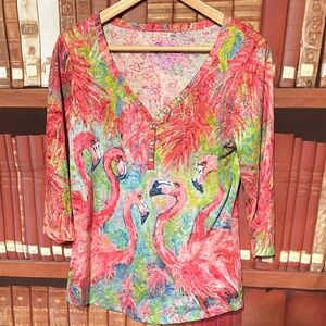 Leoma Lovegrove Flamingo Flock birds Wearable Art shirt Size S